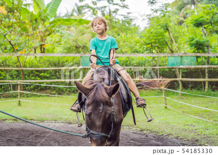 Boy horseback riding, performing exercises on horseback 54185330