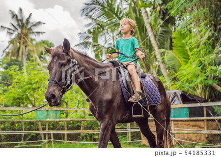 Boy horseback riding, performing exercises on horseback Boy horseback riding, performing exercises on horseback 54185331