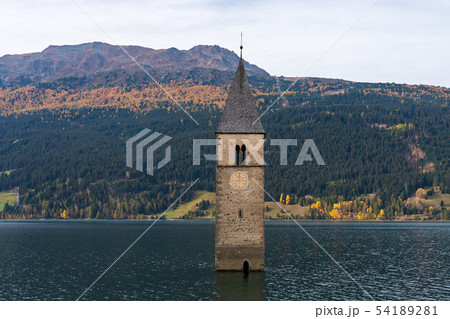 Church in the water at Lake Reschen in Tyrol in north Italy 54189281