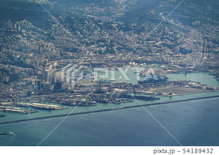 genoa airport and harbor aerial view genoa airport and harbor aerial view 54189432
