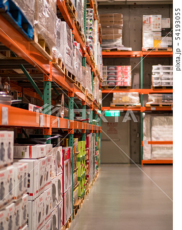 interior of warehouse. Rows of shelves with boxes interior of warehouse. Rows of shelves with boxes 54193055