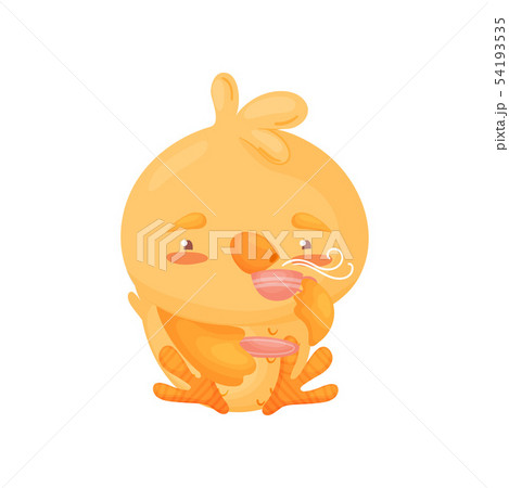 Cartoon little chicken drinks tea. Vector illustration on white background. 54193535