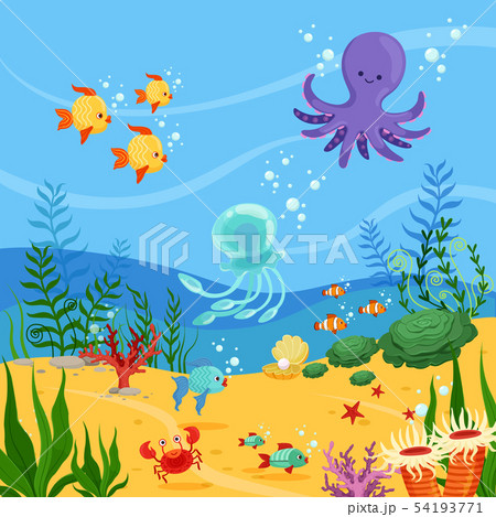 Underwater background illustration with ocean animals, plants and fishes. Vector pictures Underwater background illustration with ocean animals, plants and fishes. Vector pictures 54193771