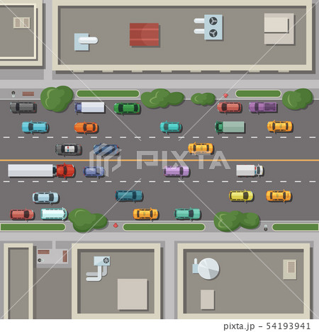 Fragment of city map with roofs, roads and cars on it. Top view vector illustration Fragment of city map with roofs, roads and cars on it. Top view vector illustration 54193941