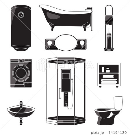Monochrome illustrations of bathroom furniture and others sanitary symbols. Vector black pictures 54194120