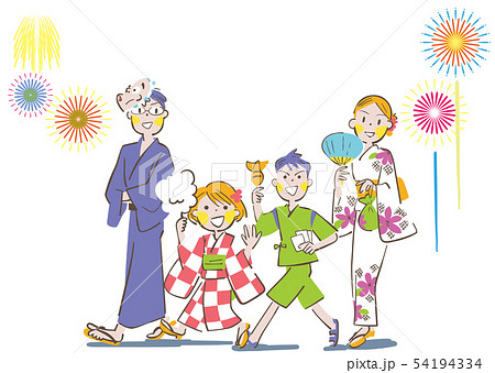 夏の夜　花火を楽しむ親子　家族　イラスト 54194334