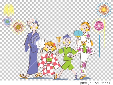 Parents and children enjoying summer night fireworks Parents and children enjoying summer night fireworks 54194334