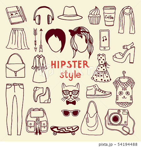 Funky hipster style elements of female. Different stylish accessories Funky hipster style elements of female. Different stylish accessories 54194488
