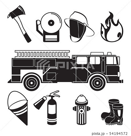 Monochrome Illustrations Of Fireman Tools In のイラスト素材