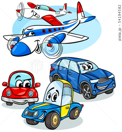 Cars And Planes Group Cartoon Illustrationのイラスト素材