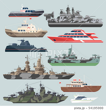 Passenger ships and battleships. Submarine destroyer in the sea. Water boats vector illustrations in 54195000