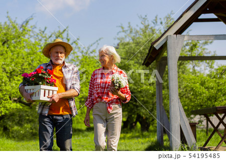 Husband and wife walking home after taking care of flowers outside Husband and wife walking home after taking care of flowers outside 54195485