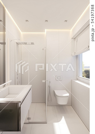 3d illustration of a bathroom in a private cottage. Interior design in white without textures 3d illustration of a bathroom in a private cottage. Interior design in white without textures 54197368