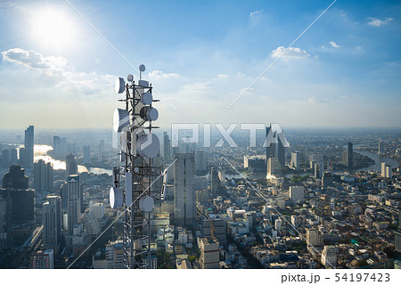 Telecommunication tower with 5G cellular network 54197423