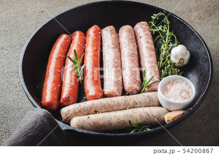 Assorted fresh raw sausages. Assorted fresh raw sausages. 54200867