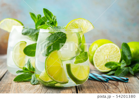 Mojito cocktail with ice cubes in a glass. Mojito cocktail with ice cubes in a glass. 54201380