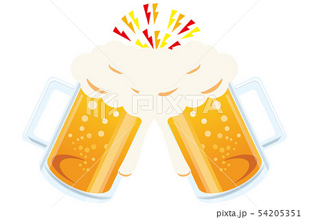 シンプルなビールのイラスト ベクター 乾杯のシーン白背景 あふれる泡のビアジョッキ 居酒屋 飲み屋のイラスト素材