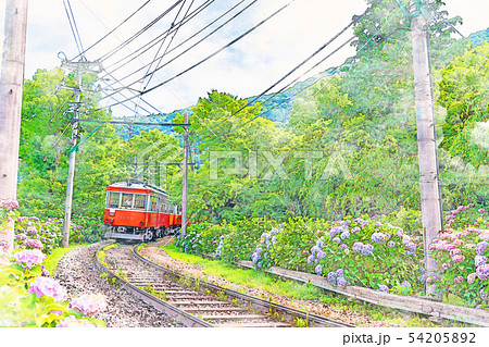 水彩画風] 箱根登山鉄道とあじさいの風景のイラスト素材