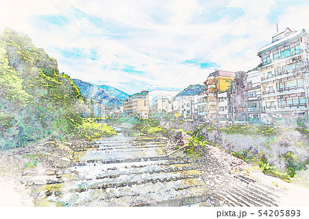 水彩画風] 箱根湯本 新緑の風景のイラスト素材 [54205893] - PIXTA