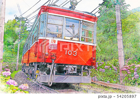 水彩画風] 箱根登山鉄道とあじさいの風景のイラスト素材