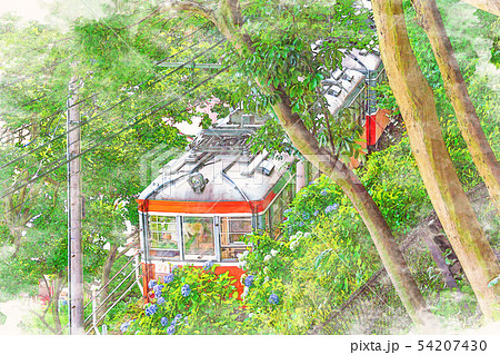 水彩画風] 箱根登山鉄道とあじさいの風景のイラスト素材
