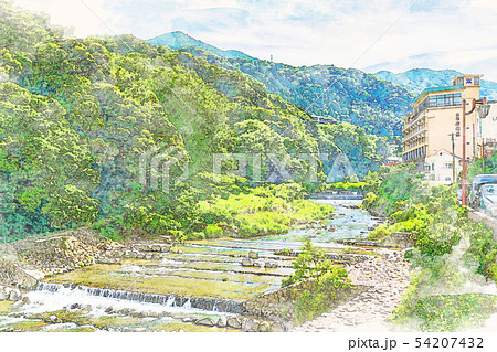 水彩画風] 箱根湯本 新緑の風景のイラスト素材 [54207432] - PIXTA