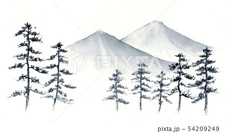 山と松の木　水墨画　墨絵 54209249