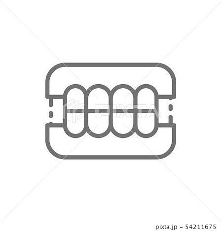 Dentures, dental prosthesis, tooth orthopedics line icon. 54211675