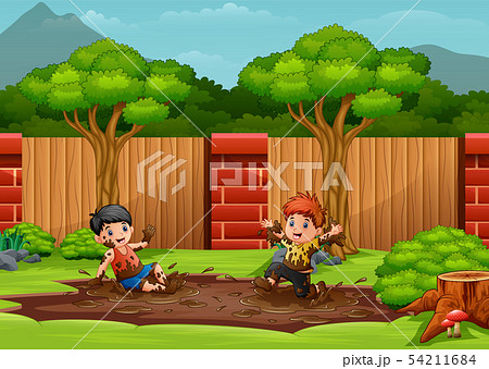 Boys Having Fun Playing In A Mud Puddle Stock Illustration