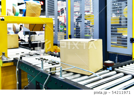 Cardboard boxes on conveyor belt in distribution 54211971