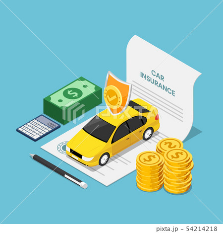 Isometric car on insurance contract document Isometric car on insurance contract document 54214218