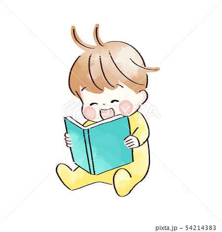 笑顔で本を読んでいる赤ちゃん 水彩風のイラスト素材