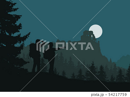 Two tourists go to castle ruins, green forest 54217759