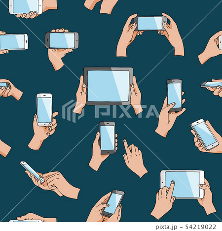Hands with gadgets vector hand holding phone or tablet and character working on smartphone 54219022