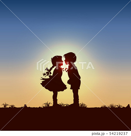 Silhouette of kids kissing on Valentine's day 54219237