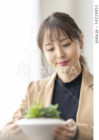 多肉植物ハオルチアオブツーサの葉の透明感が美しい窓と呼ばれる先端部分を眺める笑顔が癒される女性 多肉植物ハオルチアオブツーサの葉の透明感が美しい窓と呼ばれる先端部分を眺める笑顔が癒される女性 54219951