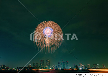 花火　東京湾晴海周辺の高層マンション・ビル群と花火 54224379