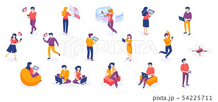 Isometric People And Gadgets Young Men And のイラスト素材