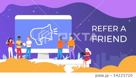 Refer a friend. People group working together on attracting audience, referral program business 54225720