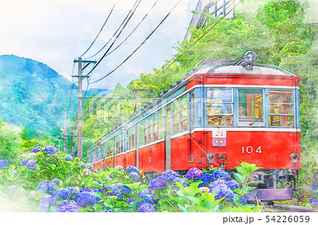 水彩画風 箱根登山鉄道とあじさいの風景のイラスト素材