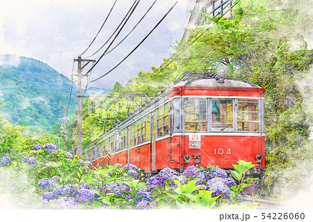 風景画　箱根登山鉄道　水彩画 紫陽花　　SHO 水彩画風] 箱根登山鉄道とあじさいの風景のイラスト素材