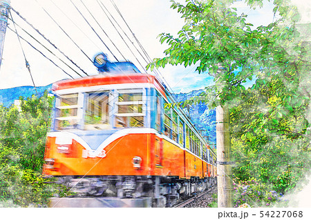 水彩画風 箱根登山鉄道とあじさいの風景のイラスト素材