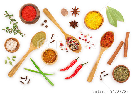 mix of spices in wooden spoon isolated on a white background. Top view. Flat lay. Set or collection mix of spices in wooden spoon isolated on a white background. Top view. Flat lay. Set or collection 54228785
