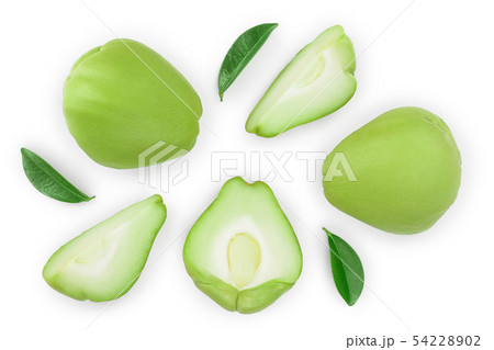 fresh Chayote vegetable isolated on white background. Top view. Flat lay fresh Chayote vegetable isolated on white background. Top view. Flat lay 54228902