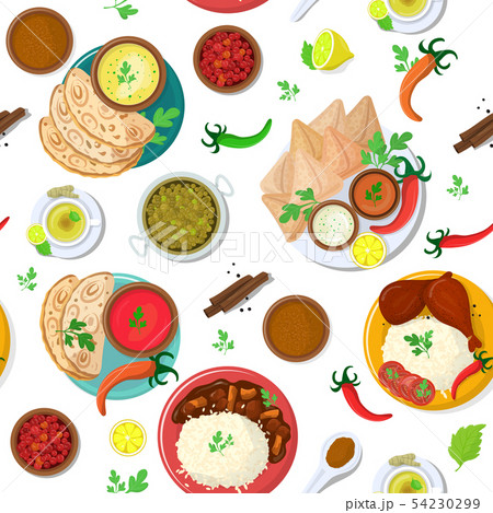 Indian food vector India cuisine and asian dishes masala with spicy rice and tandoori chicken 54230299