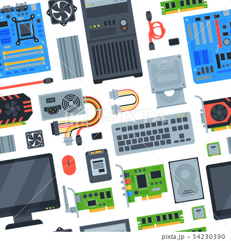 Computer accessories vector pc equipment motherboard memory and keyboard illustration computing set 54230390