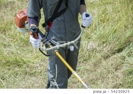 草刈り、除草イメージ 草刈りをする男性手元 草刈り、除草イメージ 草刈りをする男性手元 54230925
