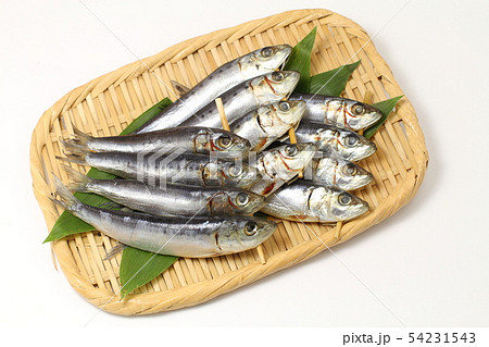 魚の干物、イワシの丸干しザル盛り、白バック 54231543