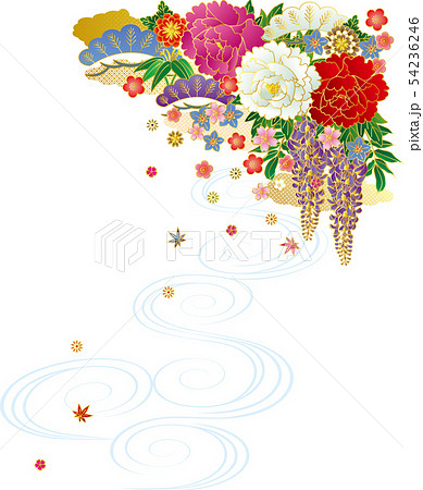 和風の花と流水文様 背景素材 ベクターイラストのイラスト素材