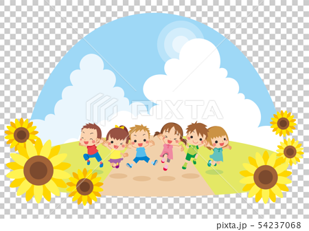 夏の日の青空の下でジャンプする元気な子供たちのイラスト素材